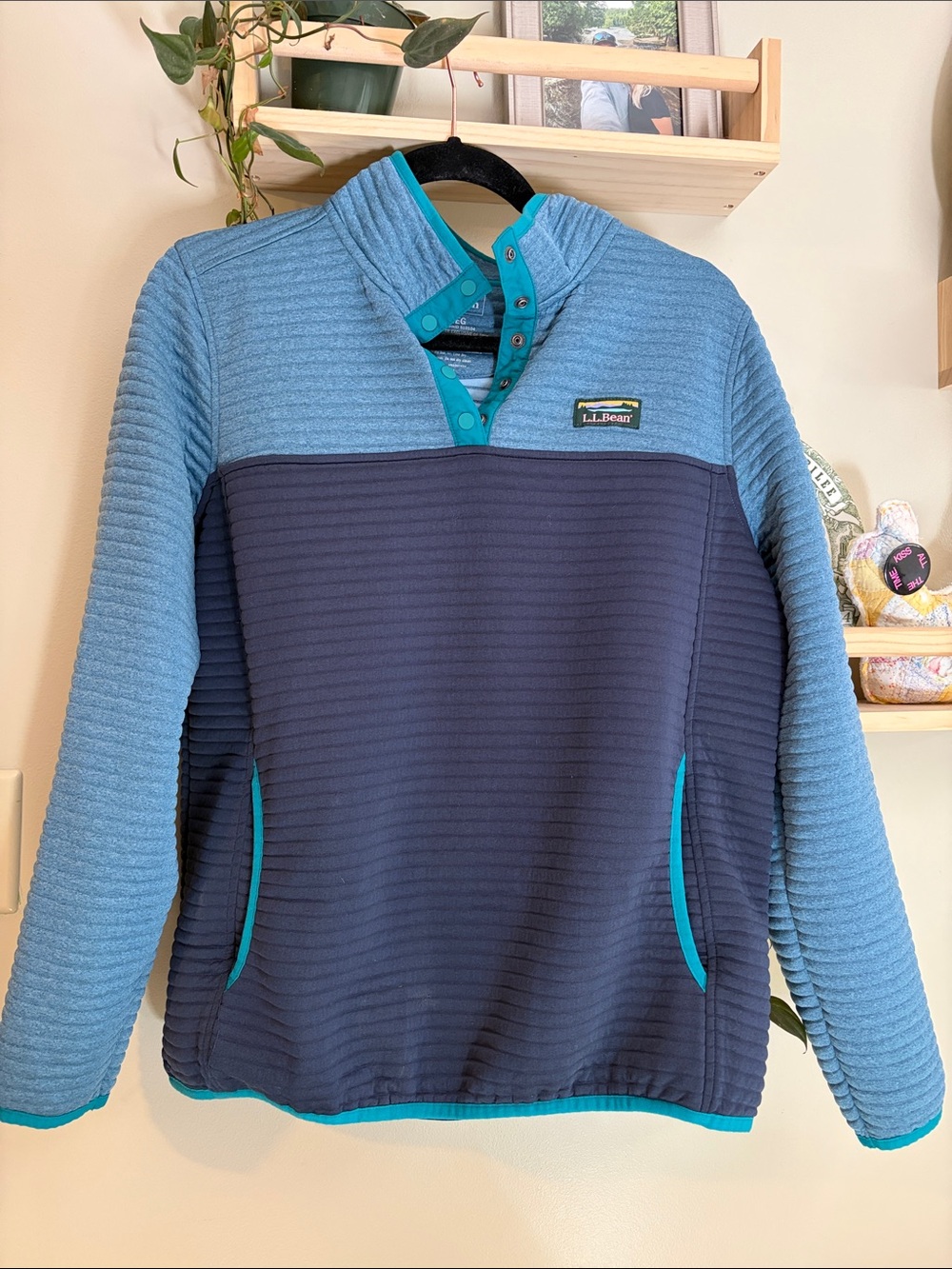 L.L. Bean Two-Tone Blue Snap Pullover with Teal Trim